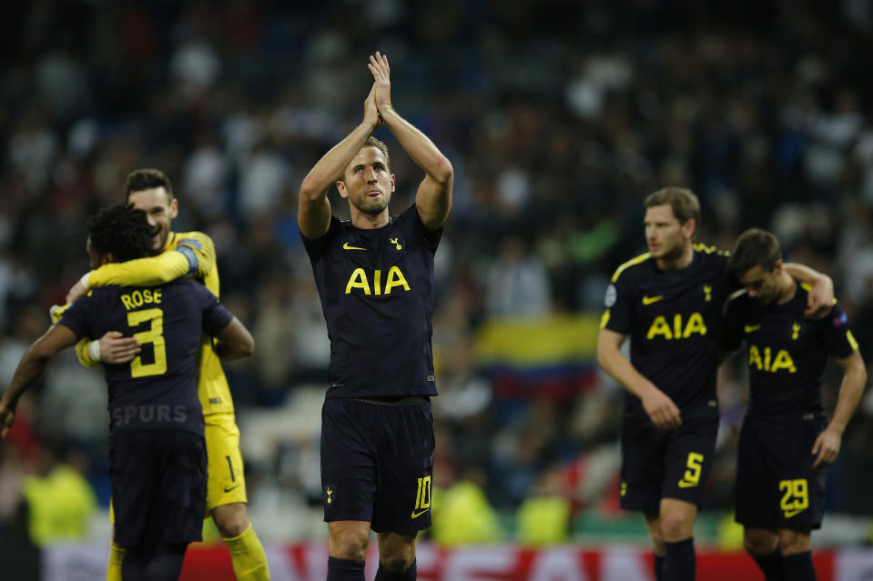 Tottenham’s Harry Kane applauds to fans at the end of a Group H Champions League soccer match between Real Madrid and Tottenham Hotspur at the Santiago Bernabeu stadium in Madrid, Tuesday Oct. 17, 2017. (AP Photo/Paul White)