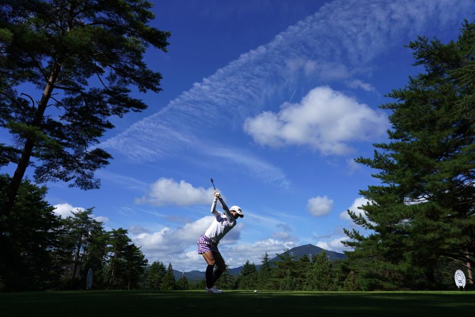 Hiromu Ono of Japan hits her tee shot on the 3rd hole during the final round of the Chugoku Shimbun Chupea Ladies Cup at the Geinan Country Club on September 25, 2021 in Hatsukaichi, Hiroshima, Japan.