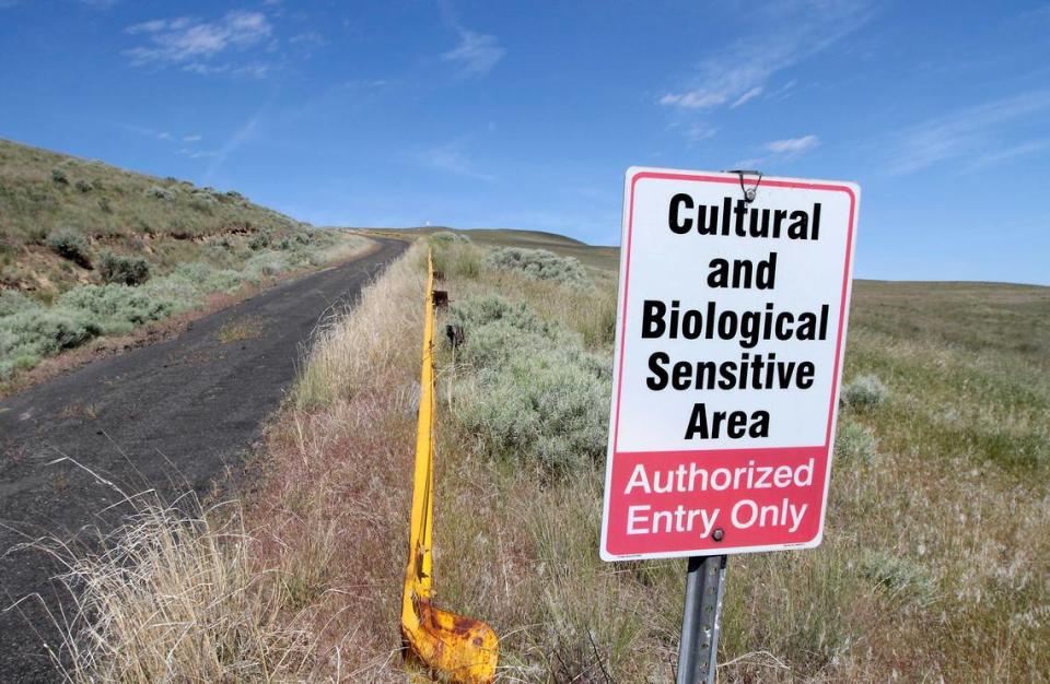 A sign along the road leading to the summit of Rattlesnake Mountain warns of the cultural and biological sensitivity of the area on the Hanford Reach National Monument.