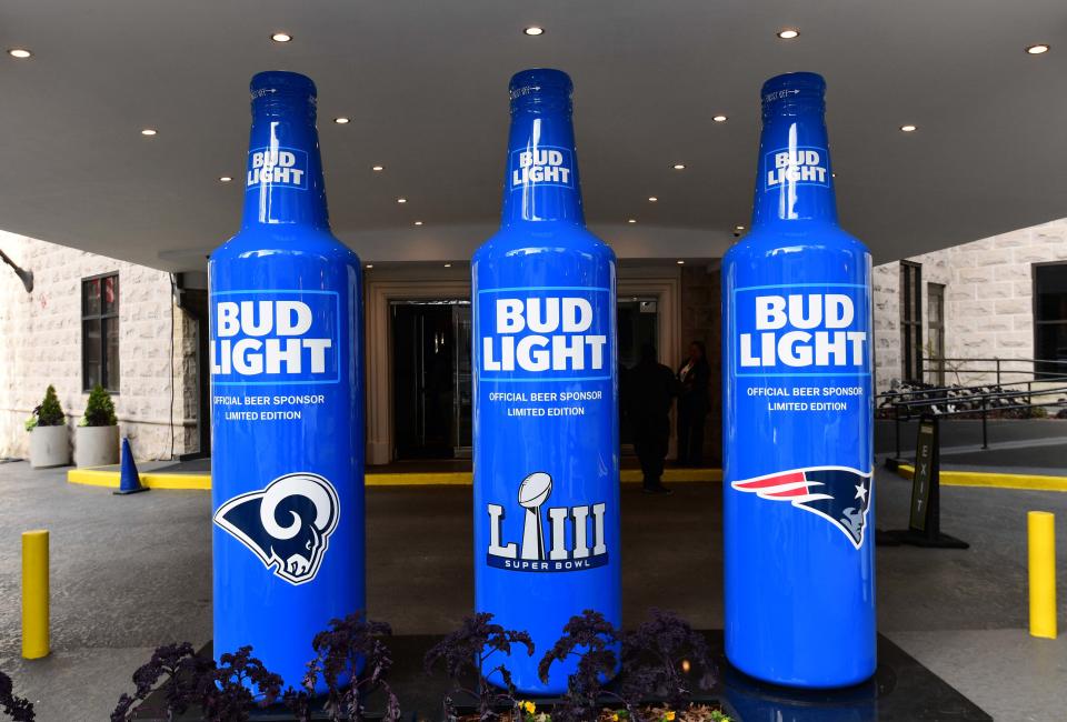 Feb 1, 2019; Atlanta, GA, USA; A general view of replica Bud Light beer bottles at the Americana Hotel. The New England Patriots will play the Los Angels Rams in Super Bowl LIII on Sunday, Feb. 3, 2019.  Mandatory Credit: Kirby Lee-USA TODAY Sports