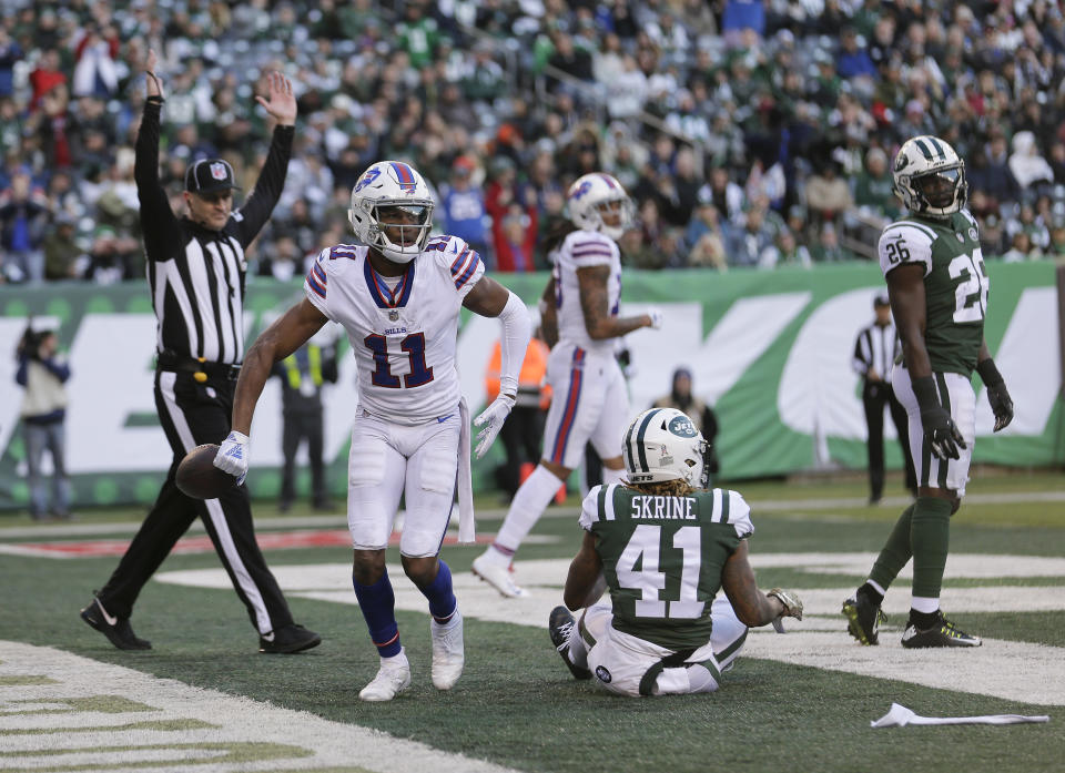 Bills wide receiver Zay Jones (11) celebrates a touchdown against the Jets. (AP)