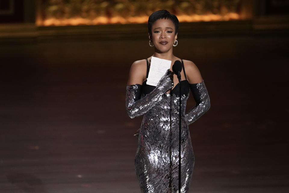 Maleah Joi Moon accepts the award for best performance by an actress in a leading role in a musical for "Hell's Kitchen" during the 77th Tony Awards on Sunday, June 16, 2024, in New York. (Photo by Charles Sykes/Invision/AP)