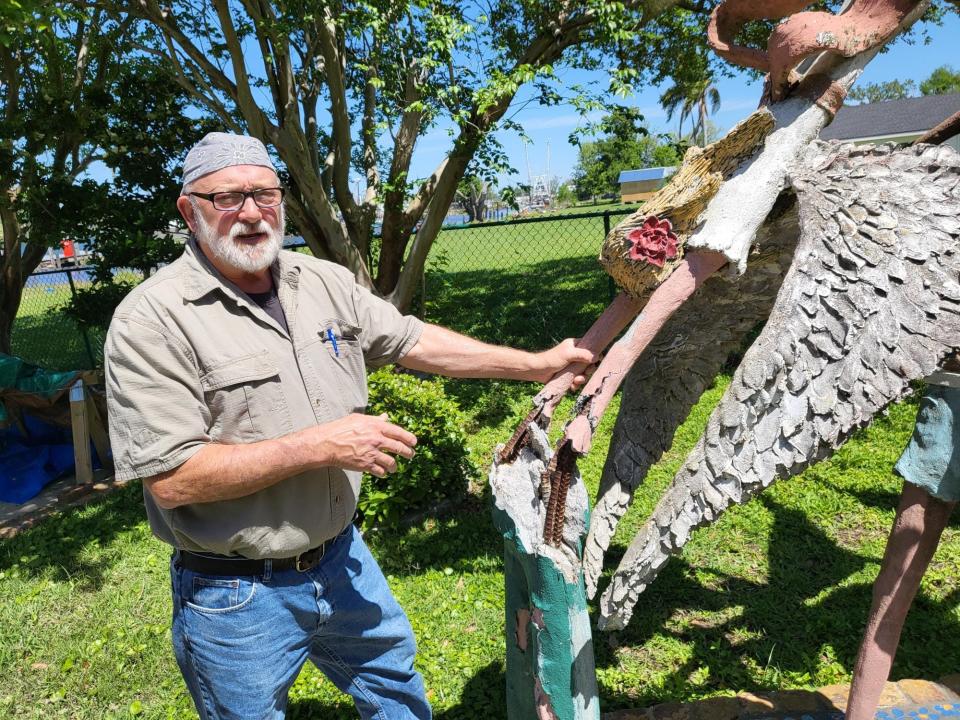 Sculpture Restorer Greg Elliott shows damage done to the Chauvin Sculpture garden by Hurricane Ida, Saturday, April 6. He and two others are restoring the garden after it was battered by the storm and vandals. The work is expected to take about two years.