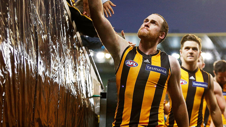 Jarryd Roughead, pictured giving Hawks fans a high-five, has announced his AFL retirement.