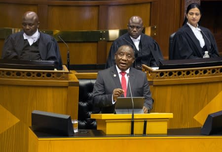 South African President Cyril Ramaphosa delivers his State of the Nation Address at parliament in Cape Town