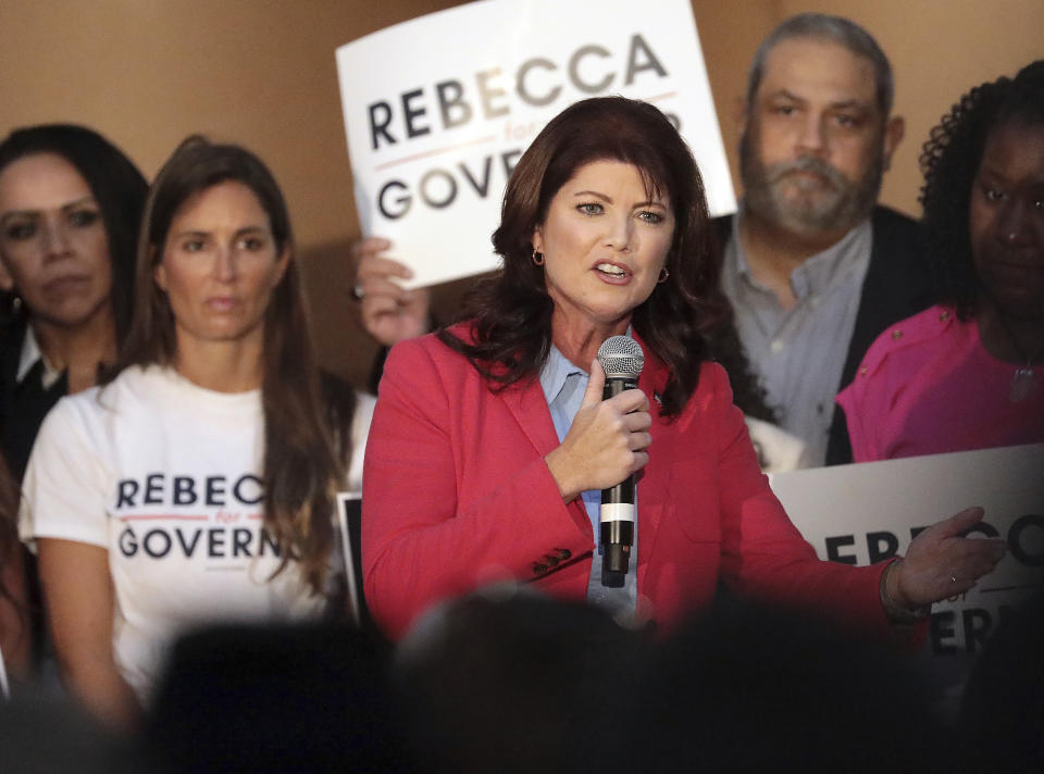 Former Wisconsin Lt. Gov. Rebecca Kleefisch announces her candidacy for office of Governor at Western States Envelope Company in Butler, Wis., Thursday, Sept. 9, 2021. Kleefisch is seeking to take on Gov. Tony Evers next year in a top race for Republicans who control the Wisconsin Legislature but have been blocked by the Democratic incumbent. (John Hart/Wisconsin State Journal via AP)