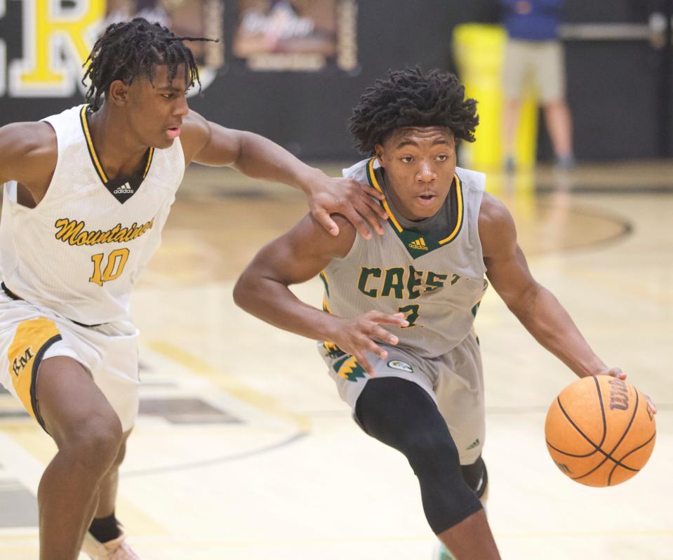 Crest's A.J. Adams drives past a Kings Mountain defender during Wednesday's boys basketball matchup.