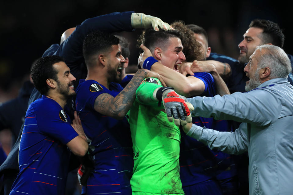 Chelsea goalkeeper Kepa Arrizabalaga is mobbed by teammates after they won the UEFA Europa League, Semi Final, Second Leg at Stamford Bridge, London. (Photo by Mike Egerton/PA Images via Getty Images)