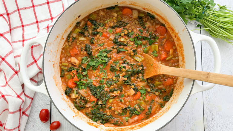kale lentil vegetable soup in pot