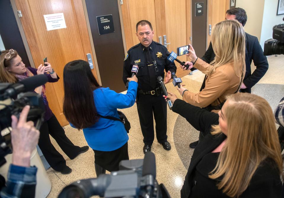 Tracy Police lieutenant Mario Ysit makes a statement to the media on the department's release of body cam and ring camera videos of an officer involved shooting of a 17-year-old boy.