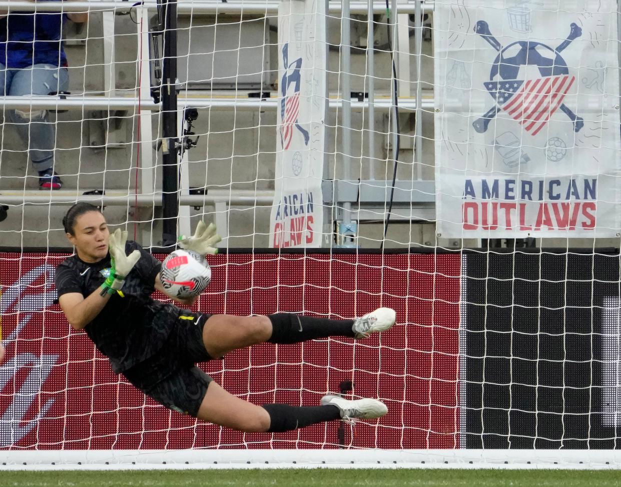 April 9, 2024; Columbus, Ohio, USA; 
Goalkeeper Lorena (1) of Brazil saves a penalty kick by forward Mina Tanaka (11) of Japan during the second half of a 2024 SheBelieves Cup soccer match against Japan on Tuesday at Lower.com Field in Columbus, Ohio.