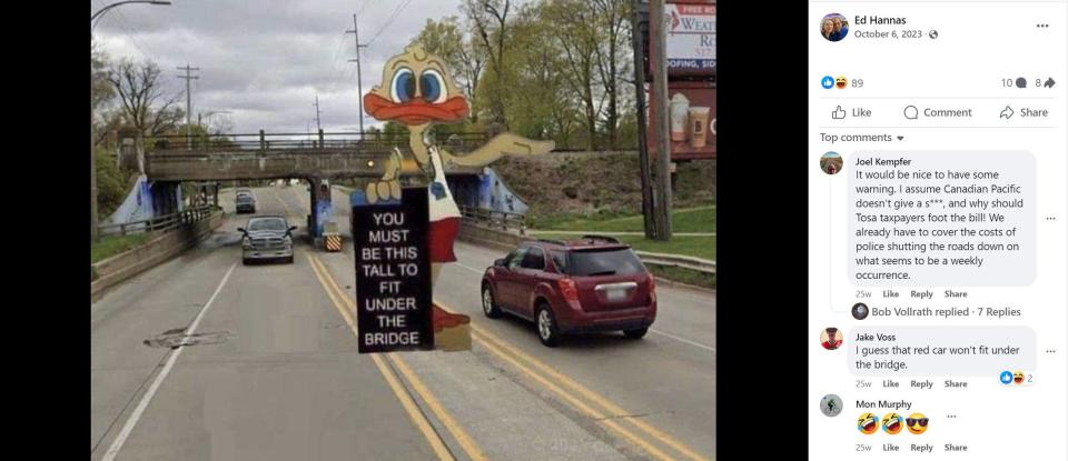 Members of The Swan Slicer Facebook page post memes about the Swan Boulevard railroad bridge.