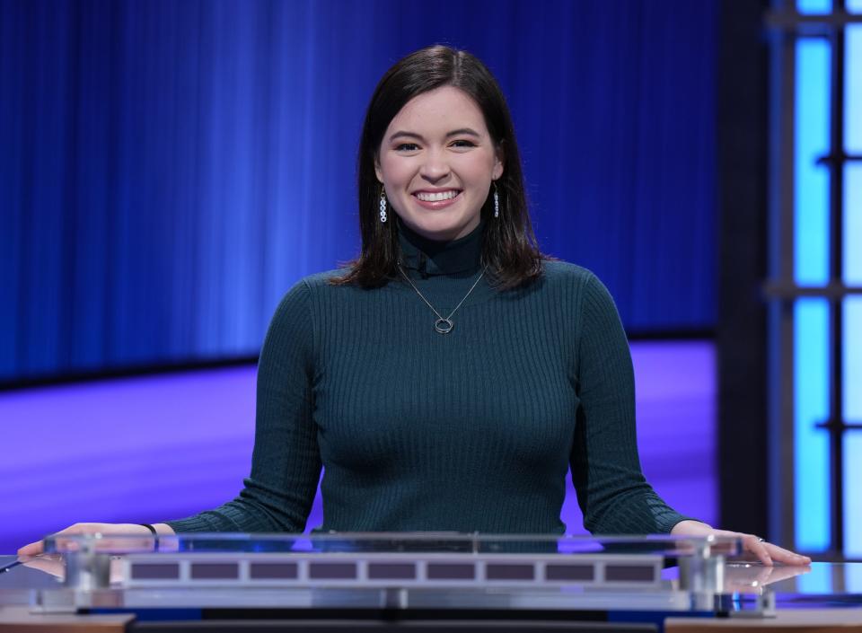 Claire Sattler on the set of "Jeopardy!" in January 2023. She's appearing in the show's High School Reunion Tournament this month.