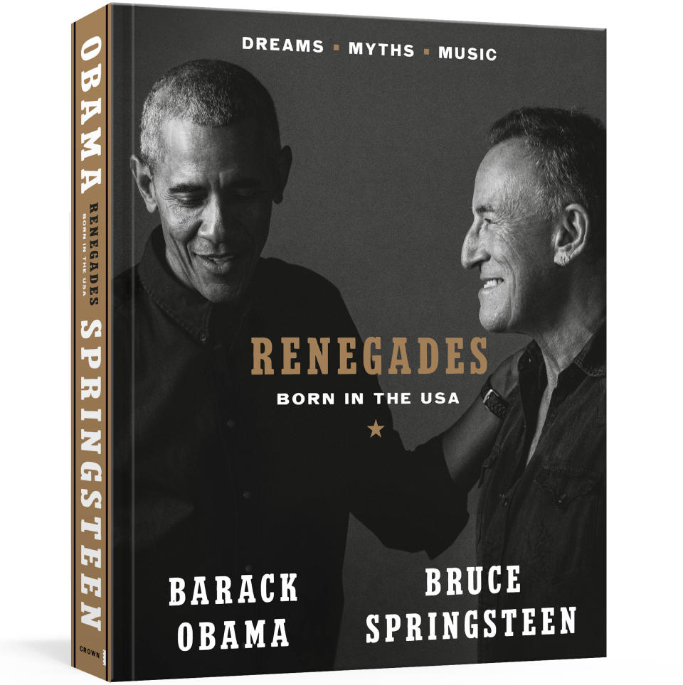 This image provided by Crown shows the cover of "Renegades: Born in the USA" by former President Barack Obama and musician Bruce Springsteen. (Courtesy of Crown via AP)