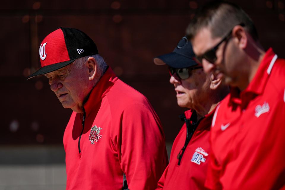 Reds owner Bob Castellini walks with Walt Jocketty and general manager Nick Krall after workouts at the Cincinnati Reds Player Development Complex in Goodyear, Ariz., on Monday, Feb. 20, 2023.