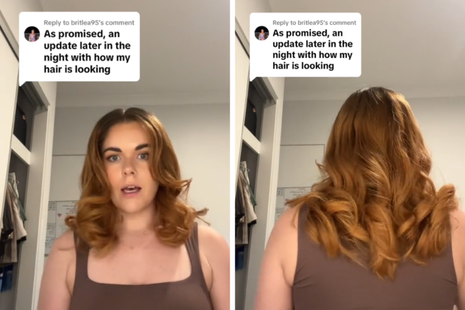 Two images of a TikToker after curling her hair using a Kmart $59 air styler