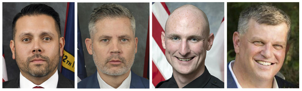 This combo of undated images provided by law enforcement, shows, from left, Sam Poloche and William Elliott of the North Carolina Department of Adult Corrections; Charlotte-Mecklenburg Officer Joshua Eyer; and Deputy U.S. Marshal Thomas Weeks. The four officers were killed and four others were wounded, Monday, April 29, 2024, in suburban Charlotte, as they approached a home to serve a warrant for a felon wanted for possessing a firearm. (North Carolina Department of Corrections (2), Charlotte-Mecklenburg Police Department, US Marshals Service via AP)