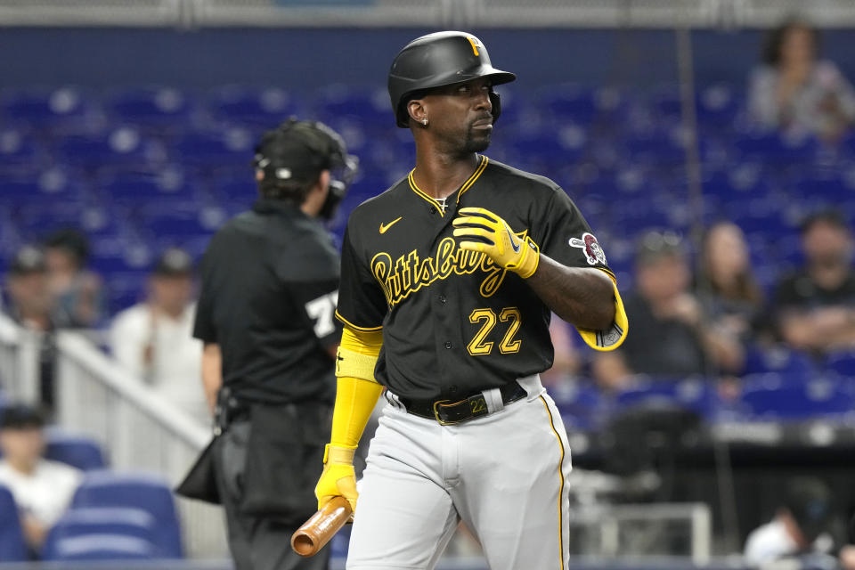 Pittsburgh Pirates' Andrew McCutchen reacts after he struck out swinging during the first inning of a baseball game against the Miami Marlins, Thursday, June 22, 2023, in Miami. (AP Photo/Wilfredo Lee)