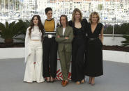 Actresses Luana Bajrami, from left, Noemie Merlant, director Celine Sciamma, actresses Adele Haenel and Valeria Golino pose for photographers at the photo call for the film 'Portrait of a Lady on Fire' at the 72nd international film festival, Cannes, southern France, Monday, May 20, 2019. (Photo by Joel C Ryan/Invision/AP)