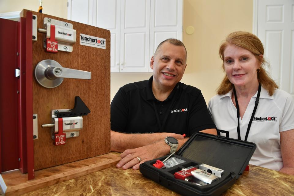 Salvatore and Amy Emma started Defcon Products, a company that produced TeacherLock, a lock that can be retrofitted to classroom doors, so teachers can lock them from the inside. They also produce SaberLock, which is marketed to businesses.