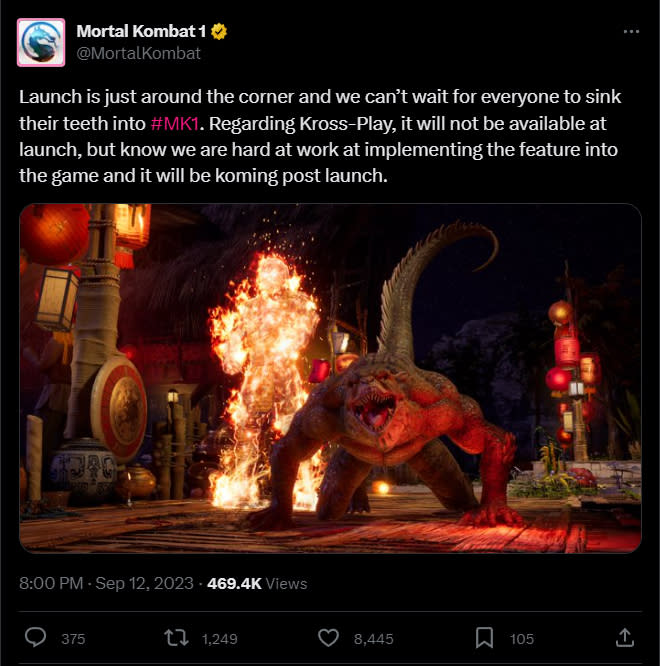 A tweet from @MortalKombat on Twitter which reads: 