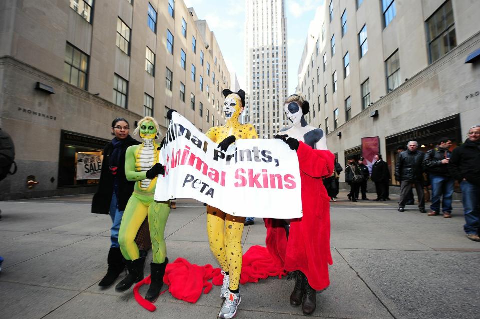 NEW YORK, NY - JANUARY 05: (L-R) PeTA volunteers Ann Cashell, Dana Silvester and Anya Jordanva are unrobed outside during the "Bare Skin, Don't Wear Skin" PeTA protest at The Rink at Rockefeller Center on January 5, 2011 in New York City. (Photo by Michael Loccisano/Getty Images)