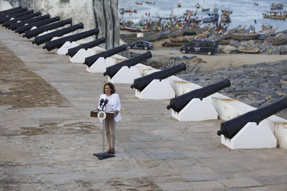 U.S. Vice President Kamala Harris speaks at Cape Coast Castle in Ghana, Tuesday March 28, 2023. This castle was one of around 40 "slave castles" that served as prisons and embarkation points for slaves en route to the Americas. Harris is on a seven-day African visit that will also take her to Tanzania and Zambia. (AP Photo/Misper Apawu)