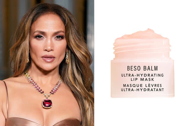 <p>Getty</p> Jennifer Lopez and her skincare brand JLo Beauty's Beso Balm Ultra-Hydrating Lip Mask