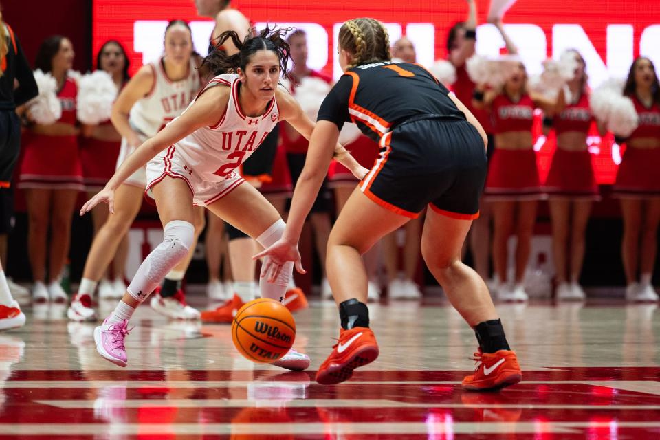 Oregon State Beavers guard Kennedie Shuler (1) dribbles the ball down the court with Utah Utes guard Ines Vieira (2) on defense during the women’s college basketball game between the Utah Utes and the Oregon State Beavers at the Jon M. Huntsman Center in Salt Lake City on Friday, Feb. 9, 2024. | Megan Nielsen, Deseret News