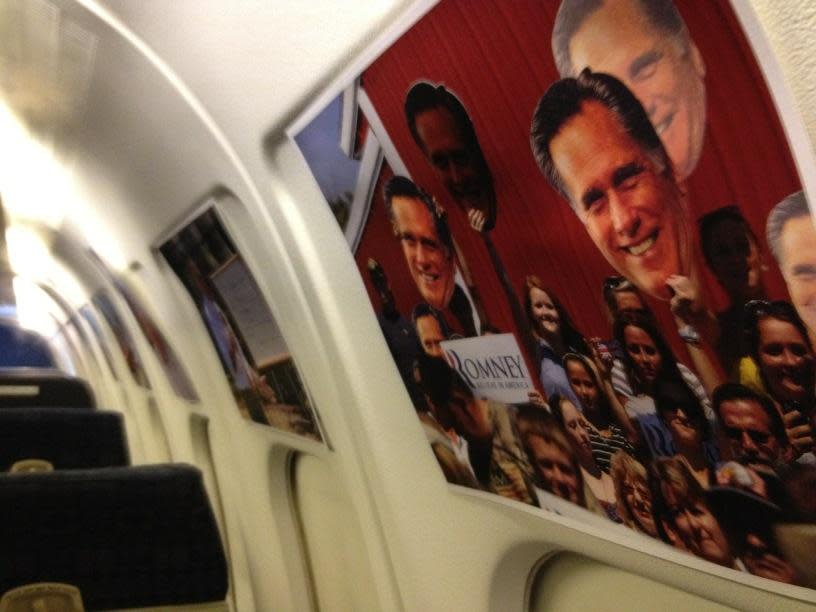 Aboard the Romney Plane (1st time since primaries). Like what they've done with the place... - <a href="https://twitter.com/OKnox" rel="nofollow noopener" target="_blank" data-ylk="slk:@OKnox;elm:context_link;itc:0;sec:content-canvas" class="link ">@OKnox</a>, via Twitter