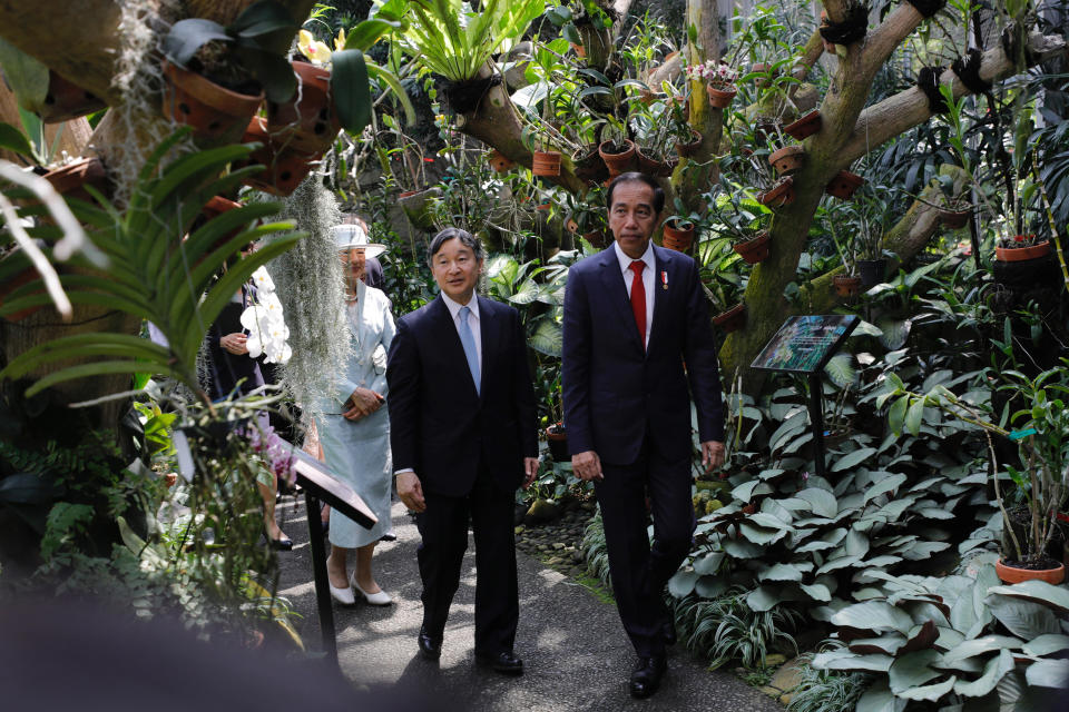 Indonesian President Joko Widodo, right, walks with Japan's Emperor Naruhito, center, and Empress Masako, left, during their visit to Bogor Botanical Gardens in Bogor, Indonesia, Monday, June 19, 2023. (Willy Kurniawan/Pool Photo via AP)