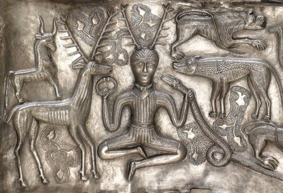 This antler-adorned potential shaman, surrounded by animals, is portrayed on a Thracian (ancient Bulgarian) silver cauldron. Interestingly, he is portrayed in a seated position. The cauldron was found in a peat bog in Denmark – and is now in that country’s national museum in Copenhagen (Wikimedia Commons)