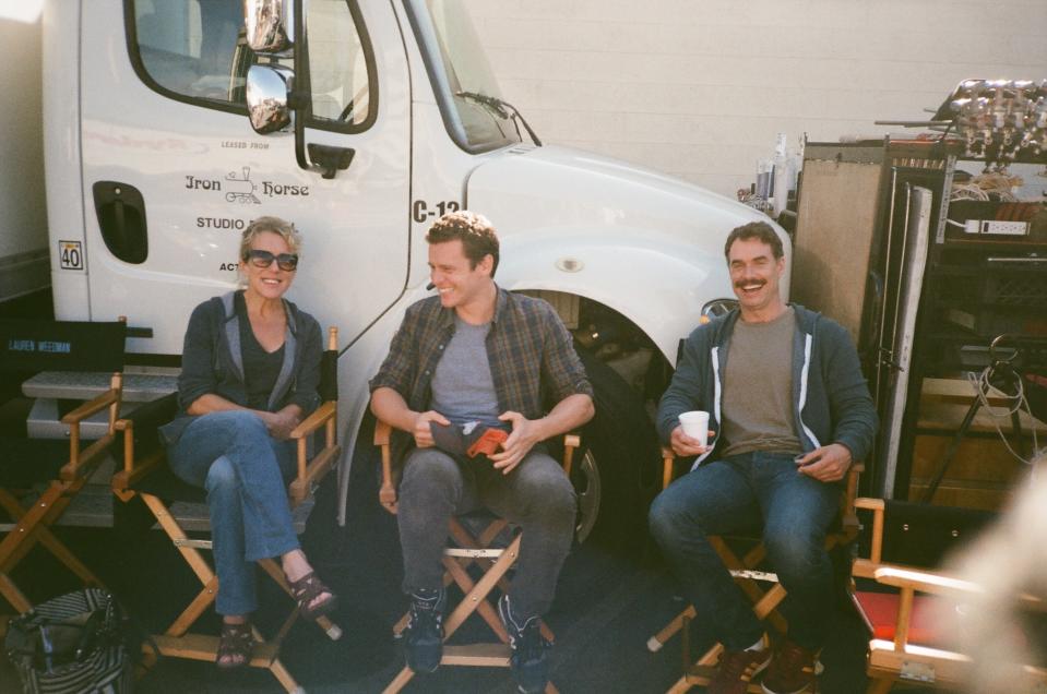 Lauren Weedman, Jonathan Groff and Murray Bartlett during some downtime on the Looking set.