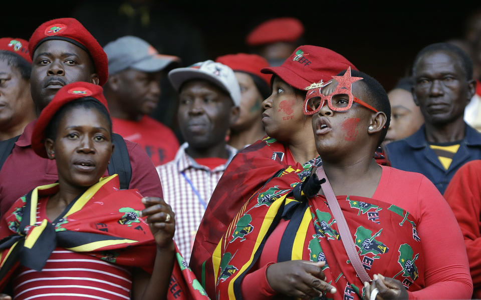 Supporters of Economic Freedom Fighters (EFF) party, attend an election rally at Orlando Stadium in Soweto, South Africa, Sunday, May 5, 2019. Campaign rallies for South Africa’s upcoming election have reached a climax Sunday with mass rallies by the ruling party and one of its most potent challengers. (AP Photo/Themba Hadebe)