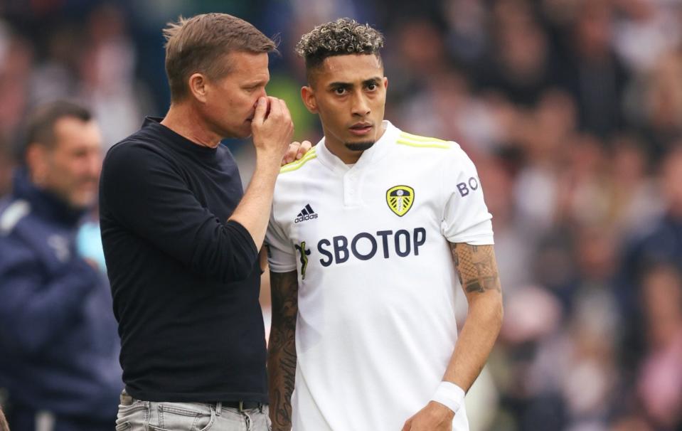  Jesse Marsch the head coach / manager of Leeds United and Raphinha the Premier League match between Leeds United and Manchester City at Elland Road on April 30, 2022 in Leeds, United Kingdom. - GETTY IMAGES