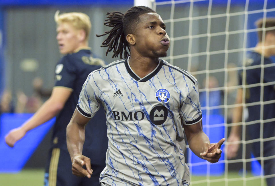 CF Montreal's Chinonso Offor reacts after scoring against the Philadelphia Union during second-half MLS soccer match action in Montreal, Saturday, March 18, 2023. (Graham Hughes/The Canadian Press via AP)