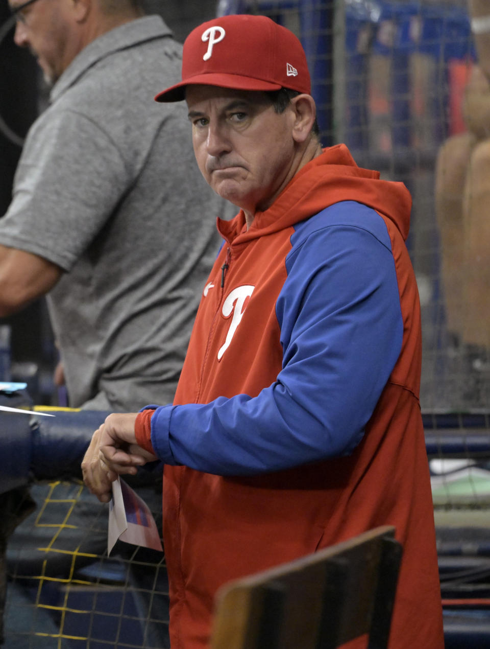 Philadelphia Phillies manager Rob Thomson gets ready for a baseball game against the Tampa Bay Rays, Thursday, July 6, 2023, in St. Petersburg, Fla. (AP Photo/Steve Nesius)