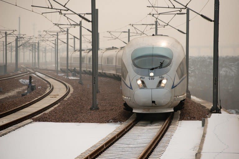 A high-speed train arrives at a platform in Hebei Province, south of Beijing, on December 22, 2012. China on Saturday showed off the final link of the world's longest high-speed rail route set to begin whisking passengers from Beijing to Guangzhou next week in a third of the time currently required