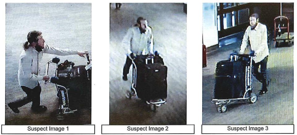 The San Francisco Police Department released images of a suspect seen wheeling a suitcase containing Red Panda’s unicycle at the San Francisco International Airport. (AP)