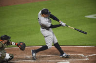 New York Yankees' Aaron Judge lines out to Baltimore Orioles center fielder Cedric Mullins during the fourth inning of a baseball game Saturday, May 15, 2021, in Baltimore. (AP Photo/Terrance Williams)