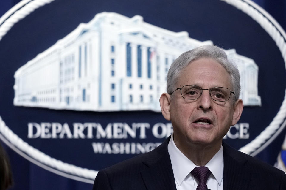 Attorney General Merrick Garland speaks during a news conference at the Justice Department in Washington, Friday, April 14, 2023. The Justice Department has charged 28 members of Mexico’s powerful Sinaloa cartel, including sons of notorious drug lord Joaquin “El Chapo” Guzman, in a sprawling fentanyl-trafficking investigation. (AP Photo/Susan Walsh)