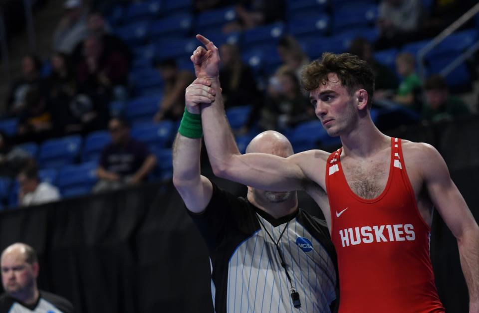 St. Cloud State redshirt junior Joseph Bianchini wrestles in the Division II National Championship prelims Friday, March 11, 2022, in St. Louis.