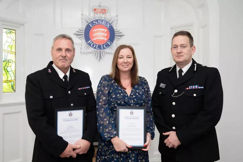 Dave Bridge, a dog handler, with partner Samantha Bridge, a Criminal Justice support officer, both of Essex Police, receive a commendation award from Chief Constable Ben-Julian Harrington