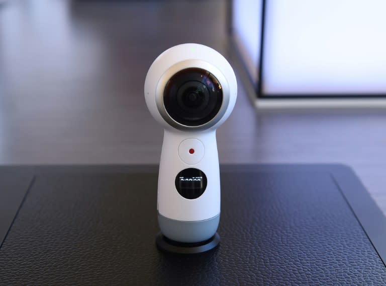 The new version of the Samsung Gear 360 camera is seen on display during a launch event for the Samsung Galaxy S8, in New York, on March 29, 2017