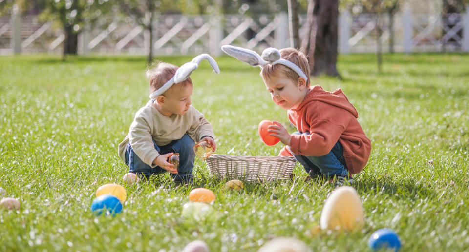 Two little boys wearing bunny ears hunt for Easter eggs.