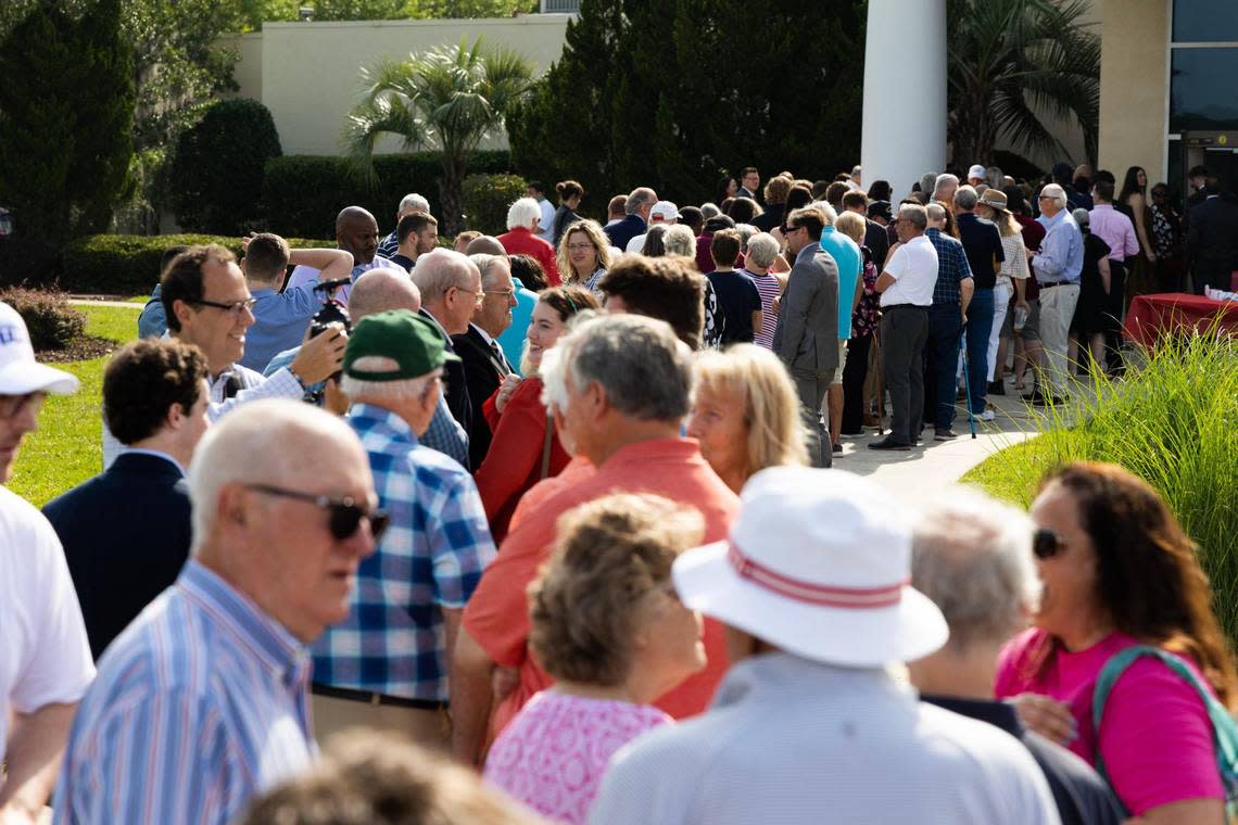 People wait in line for an event where Senator Tim Scott is expected to announce his bid for the presidency at Charleston Southern University on Monday, May 22, 2023.
