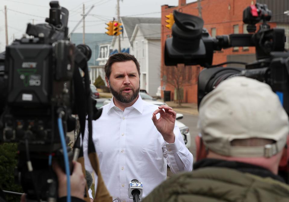 U.S. Sen. JD Vance expresses his frustration about the Norfolk Southern train derailment during a media scruma outside of Centenary United Methodist Church, Thursday, Feb. 16, 2023, in East Palestine, Ohio.