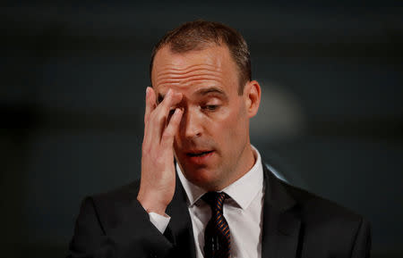 FILE PHOTO: Britain's Secretary of State for Exiting the European Union, Dominic Raab delivers his speech outlining the government's plans for a no-deal Brexit in London, Britain. Aug 23, 2018. REUTERS/Peter Nicholls/File Photo