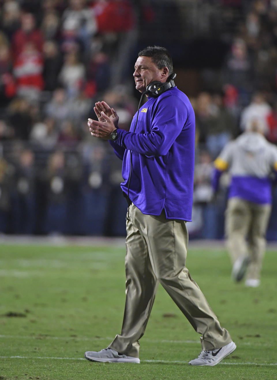 LSU coach Ed Orgeron reacts during the first half of the team's NCAA college football game against Mississippi in Oxford, Miss., Saturday, Nov. 16, 2019. (AP Photo/Thomas Graning)