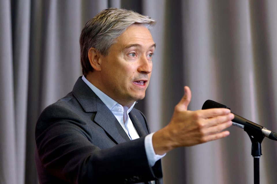 Canada's Minister of Foreign Affairs Francois-Philippe Champagne speaks to media at a cabinet retreat in Ottawa, Ontario, Canada September 14, 2020.  REUTERS/Blair Gable